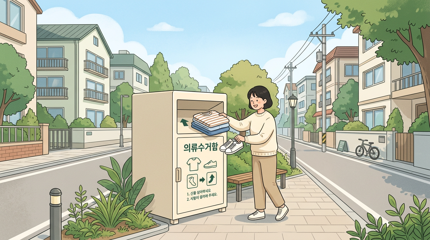 세탁·건조한 옷을 의류수거함에 넣는 장면 일러스트