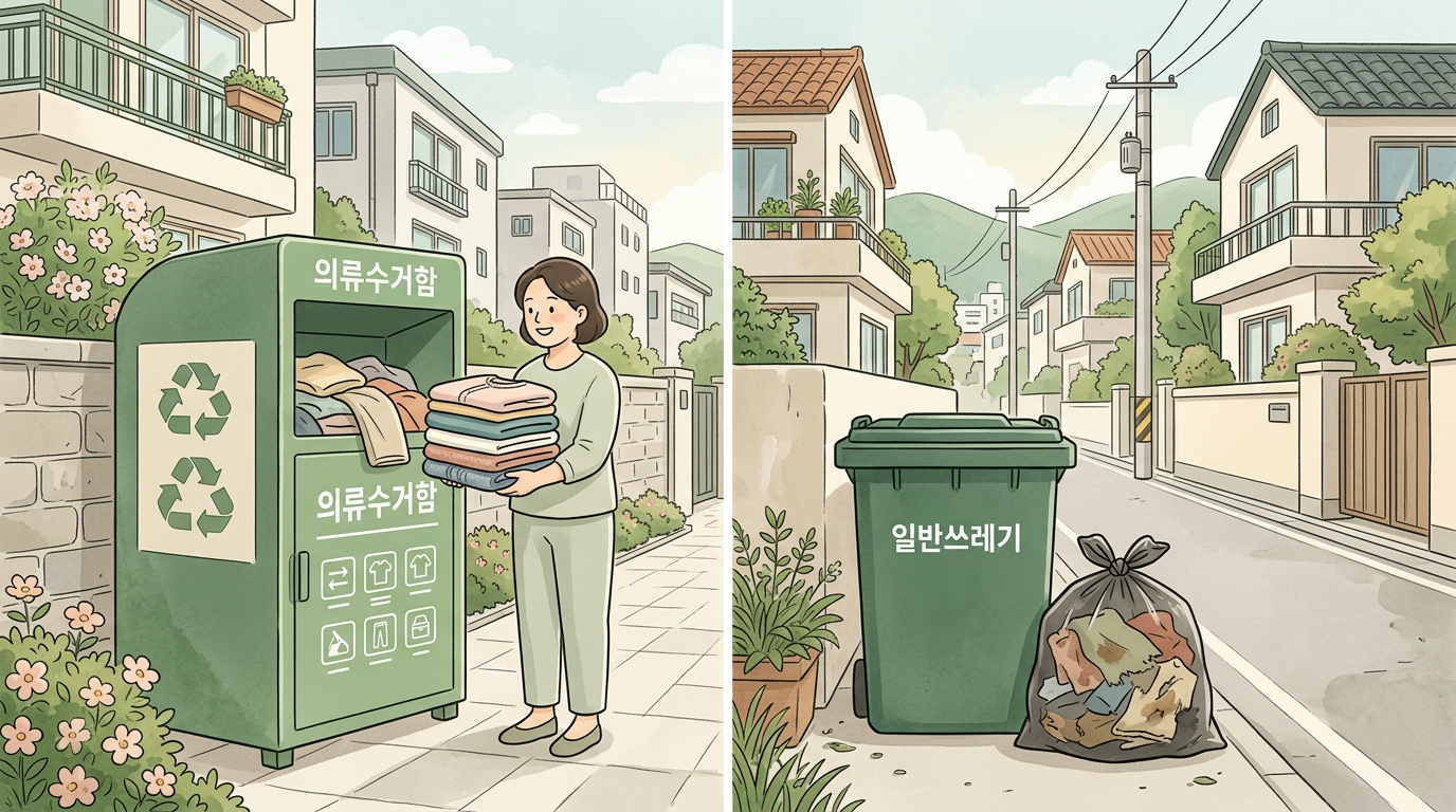 재사용 가능한 헌옷과 폐기할 옷을 나누는 장면 일러스트